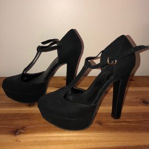 Black T Strap suede heels